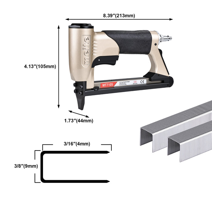 Dimensions and compatible staple specifications of the meite USA MT7105 22Ga pneumatic upholstery stapler