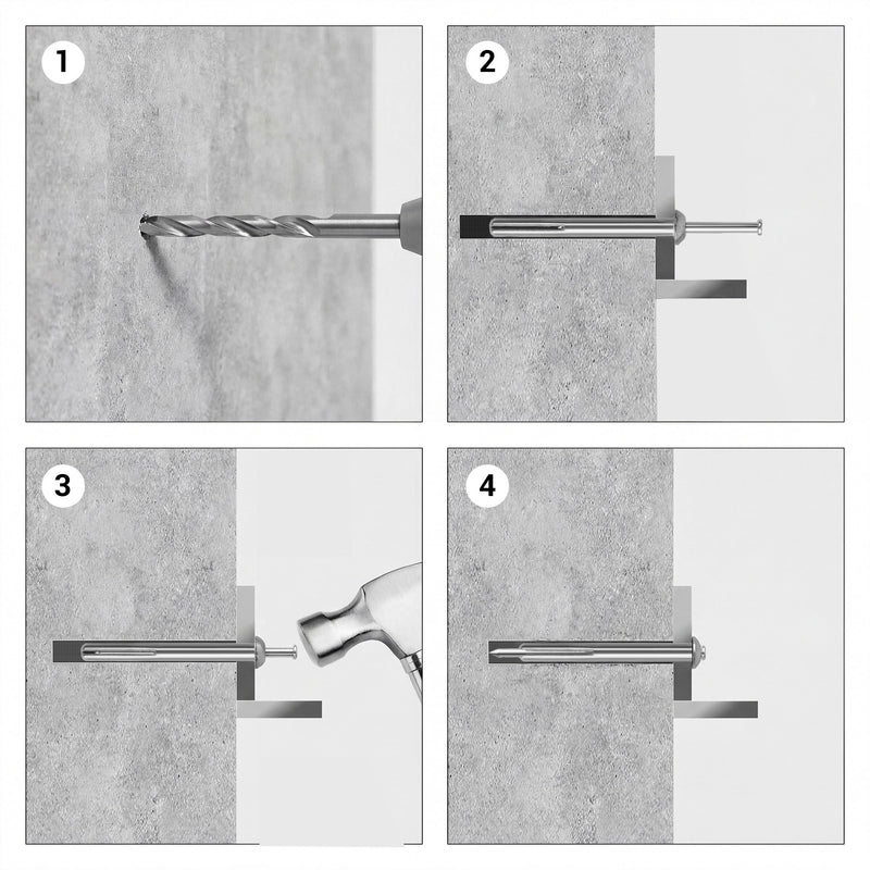 Tutorial on installing hammer driver, drill a hole, insert the anchor, and use a hammer to drive it in until it's flush with the surface.