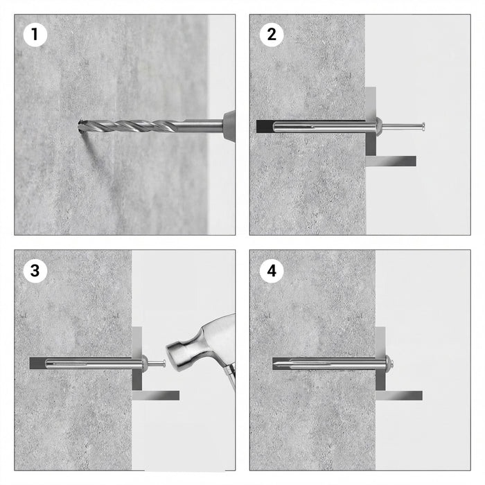 Tutorial on installing hammer driver, drill a hole, insert the anchor, and use a hammer to drive it in until it's flush with the surface.