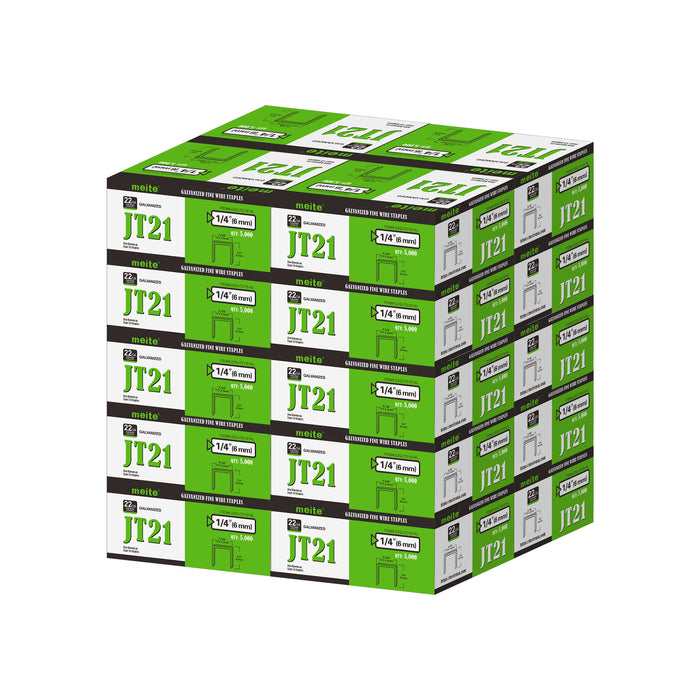 Meite USA JT21 staples, 20 boxes of 22Ga galvanized staples in 1/4 inch length shown on a white background, 5000 staples per box