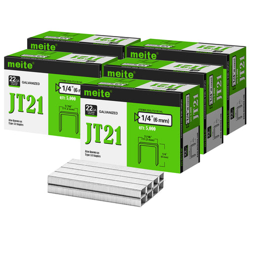 Meite USA JT21 staples, five boxes of 22Ga galvanized staples in 1/4 inch length shown on a white background, 5000 staples per box for a total of 25000 pieces