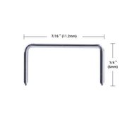 Meite USA JT21 staple close-up on a white background, with labeled measurements of 7/16 inch crown width and 1/4 inch leg length