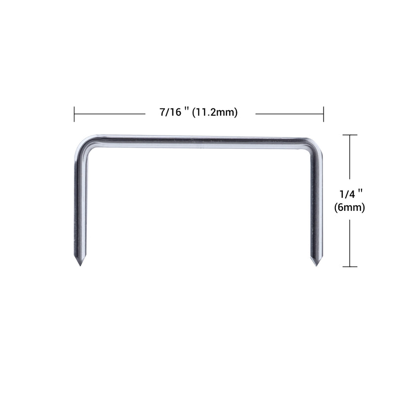 Meite USA JT21 staple close-up on a white background, with labeled measurements of 7/16 inch crown width and 1/4 inch leg length