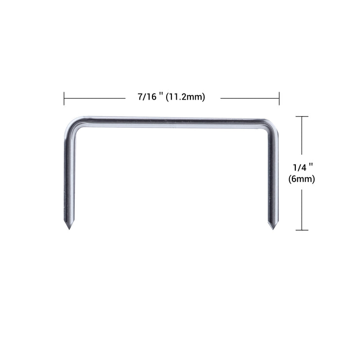 Meite USA JT21 staple close-up on a white background, with labeled measurements of 7/16 inch crown width and 1/4 inch leg length