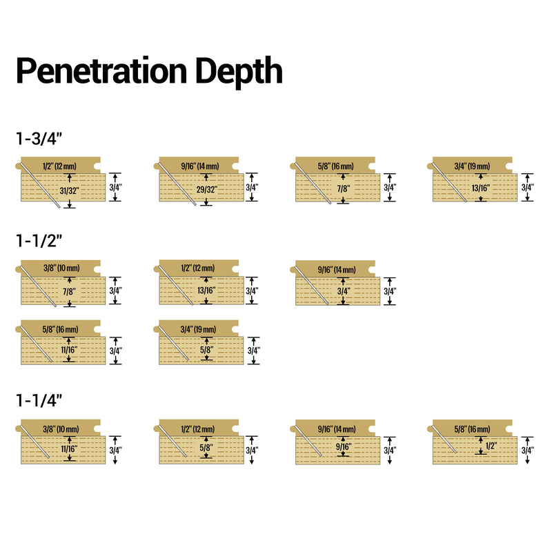 Different examples of penetration Depth of Meite USA close-up of deffrent sizes of 18Ga L-cleat flooring nails 