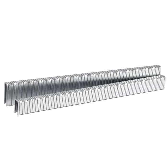 Two strips of Meite USA 20 Gauge 4J Series galvanized upholstery staples, 1/5" Crown 3/8" to 5/8" Length, displayed on a clean white background