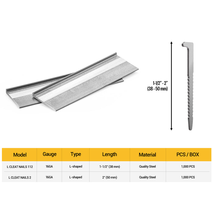 Table information about Meite USA 16Ga L-cleat flooring nails in 1-1/2'' to 2'' length
