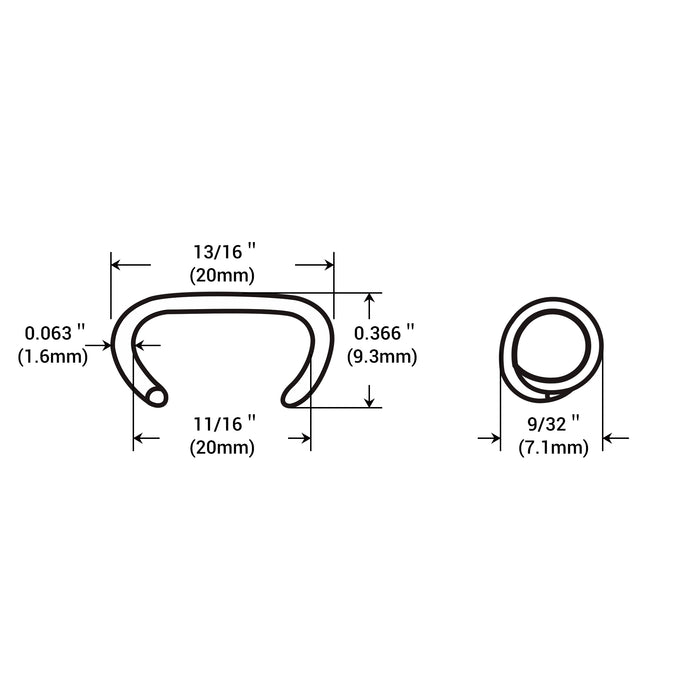 Meite USA linear diagram of a single 16Ga 11/16-inch crown P7 galvanized hog ring on a white background, showing detailed fastener dimensions