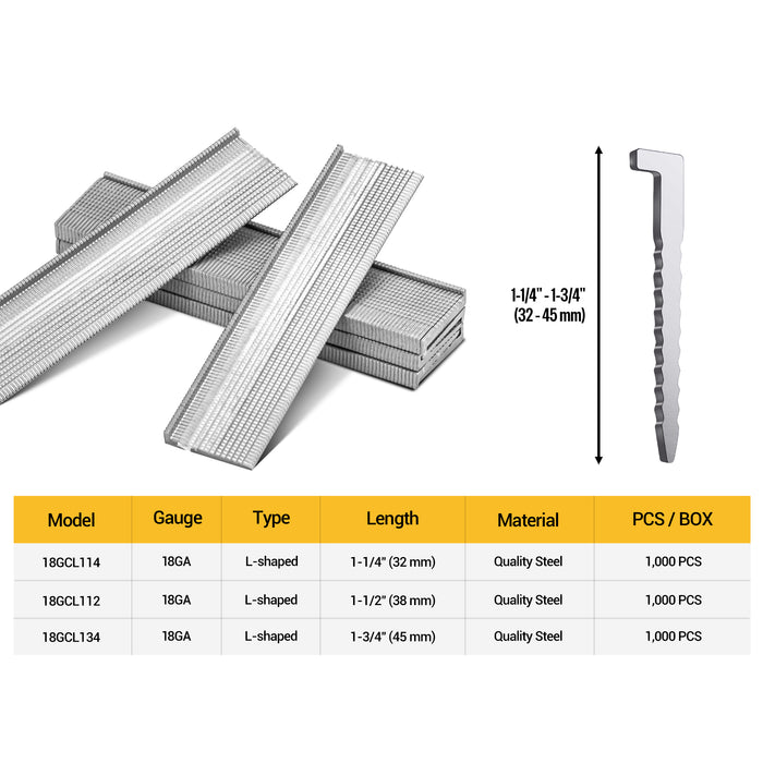 Table information about Meite USA 18Ga L-cleat flooring nails in 1-1/4'' to 1-3/4'' length