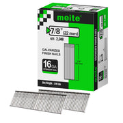 One box pack of meite USA 16 gauge 7/8 inch length finish nails, 2500 pieces, showing with two strips brad nails on white background