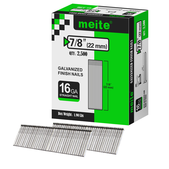 One box pack of meite USA 16 gauge 7/8 inch length finish nails, 2500 pieces, showing with two strips brad nails on white background