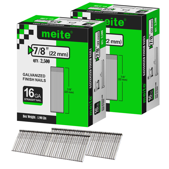 Two boxes pack of meite USA 16 gauge 7/8 inch length finish nails, 2500 pieces per box, showing with two strips brad nails on white background