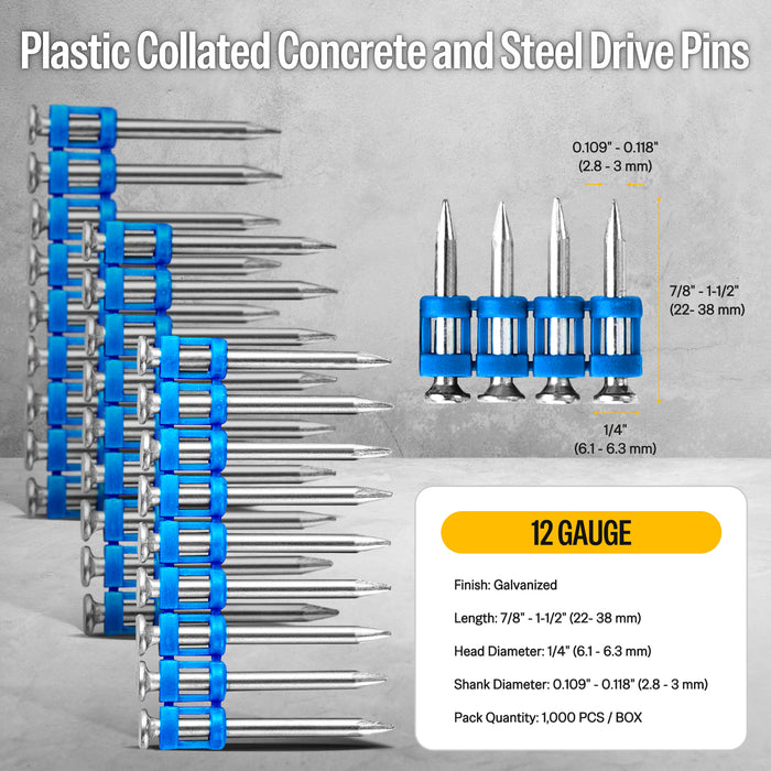 12Ga Plastic Collated Concrete Nails 7/8" to 1-1/2" Length