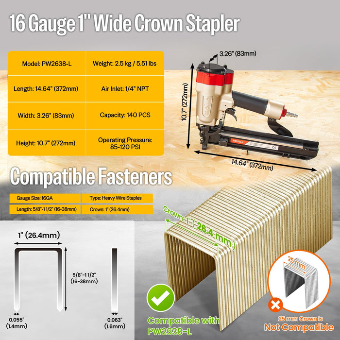 PW2638-L 16Ga Pneumatic Upholstery Stapler 1'' Crown