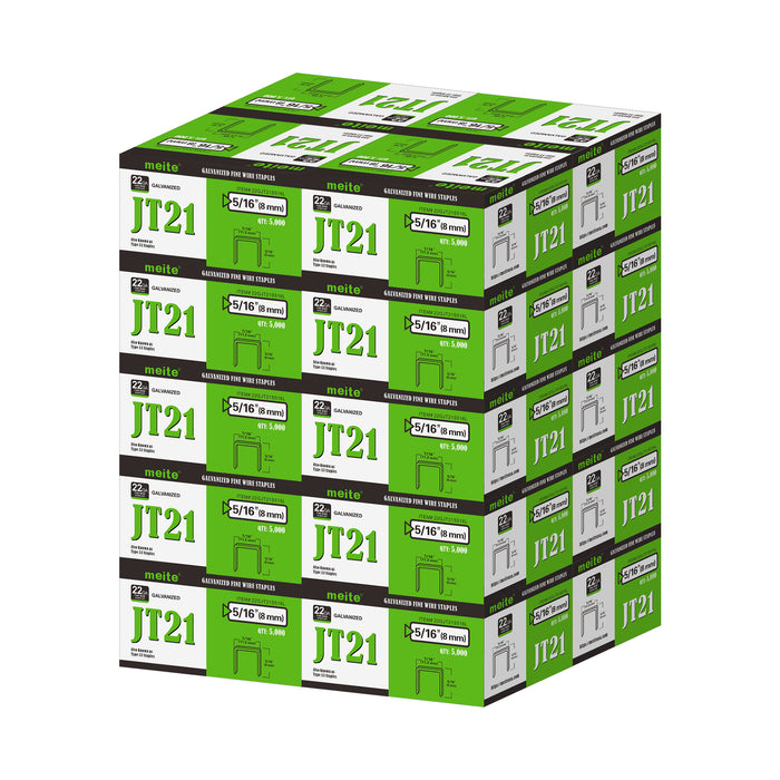 Meite USA JT21 staples, 20 boxes of 22Ga galvanized staples in 5/16 inch length shown on a white background, 5000 staples per box