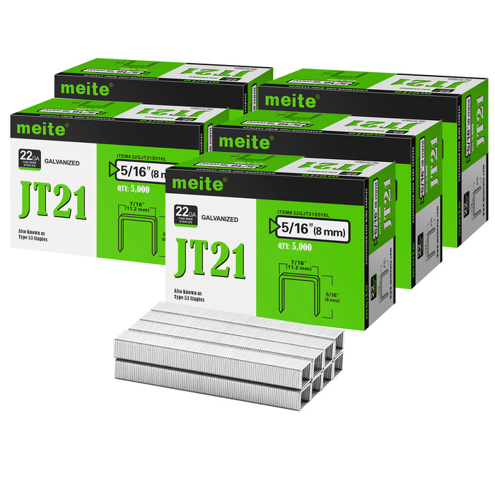 Meite USA JT21 staples, five boxes of 22Ga galvanized staples in 5/16 inch length shown on a white background, 5000 staples per box for a total of 25000 pieces