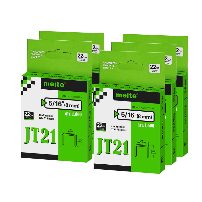 Meite USA JT21 staples, five packs of 22Ga galvanized staples in 5/16 inch length shown on a white background, 1600 staples per pack for a total of 8000 pieces