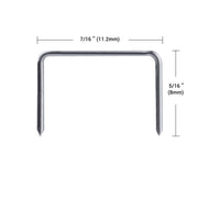 Meite USA JT21 staple close-up on a white background, with labeled measurements of 7/16 inch crown width and 5/16 inch leg length