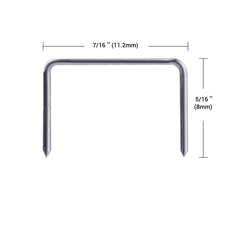 Meite USA JT21 staple close-up on a white background, with labeled measurements of 7/16 inch crown width and 5/16 inch leg length