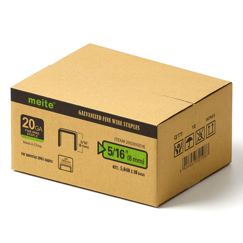 Meite USA case pack containing 10 boxes of 20Ga 1/2-inch crown 5/16'' length upholstery staples with 5040 pieces per box on a white background
