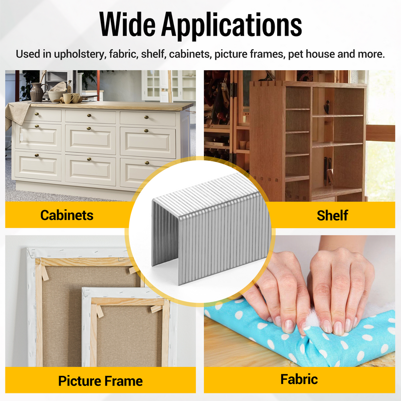 Staples used in cabinets, shelf, picture frame, fabric