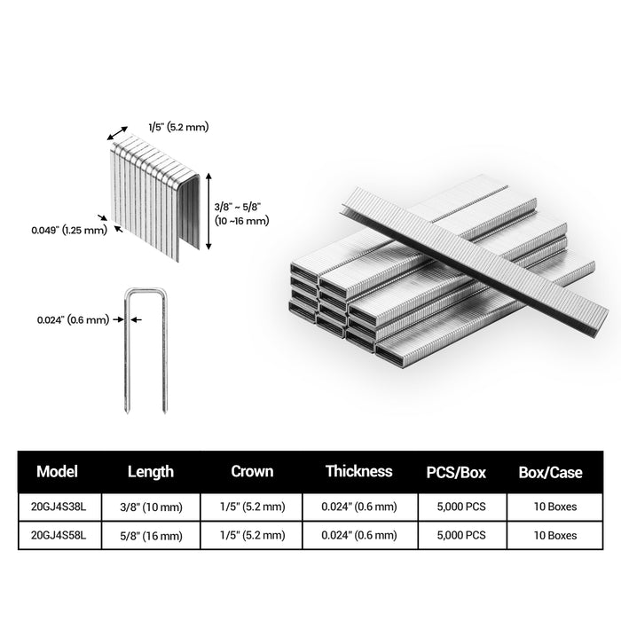Size information of Meite USA 20 Gauge 1/5'' crown 4J Series galvanized upholstery staples