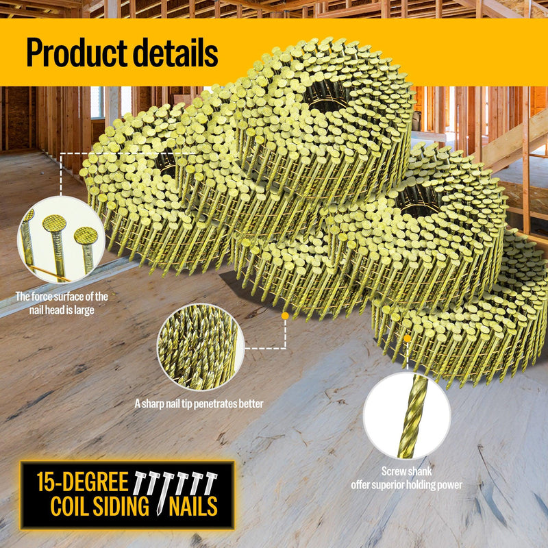 2" x .099" Coil Siding Nails - Bright Yellow Coating Screw Shank