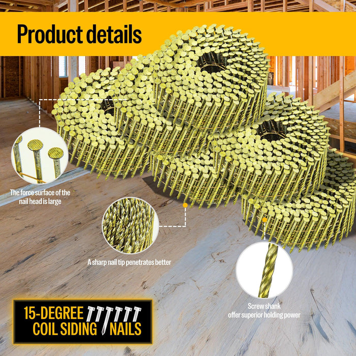 2" x .099" Coil Siding Nails - Bright Yellow Coating Screw Shank