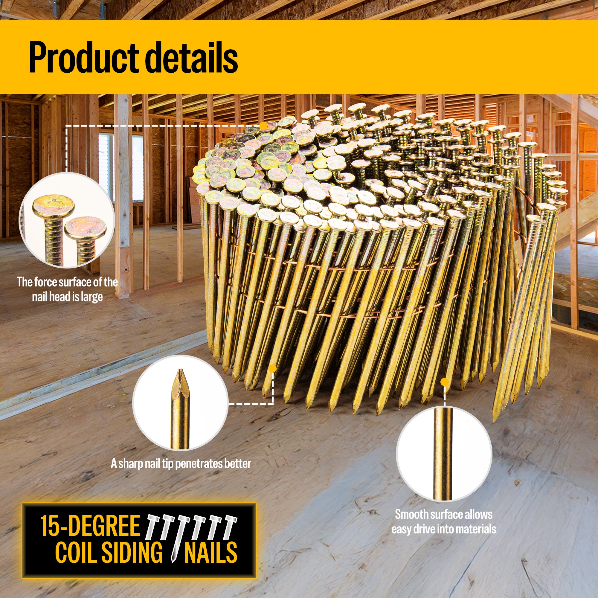 Meite USA 15 Degree 3-1/4 Inch Siding Coil Nails - Smooth Shank