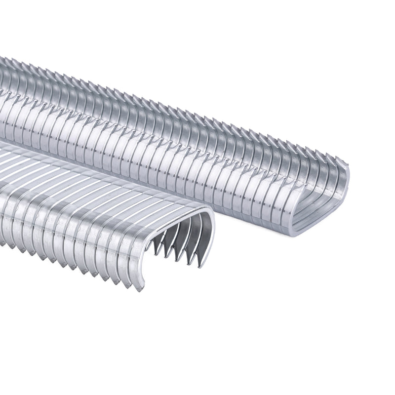 Meite USA close-up of two strips of 16Ga 11/16-inch crown P7 galvanized hog rings on a white background, showing sharp pointed legs and curved ring body