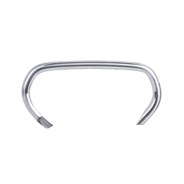 Meite USA close-up of a single 16Ga 11/16-inch crown P7 galvanized hog ring on a white background, showing its sharp pointed legs and curved ring body