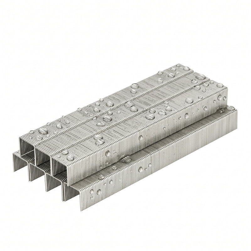 A pile of meite USA 21Ga 1/2" Crown 304 Stainless Steel Fine Wire Staples in white background, showing the rust-proofing feature