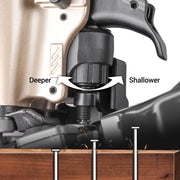 Close-up of the part to adjusting the depth of nails for meite USA CN65S 2-1/2'' Pneumatic Coil Siding Nailer