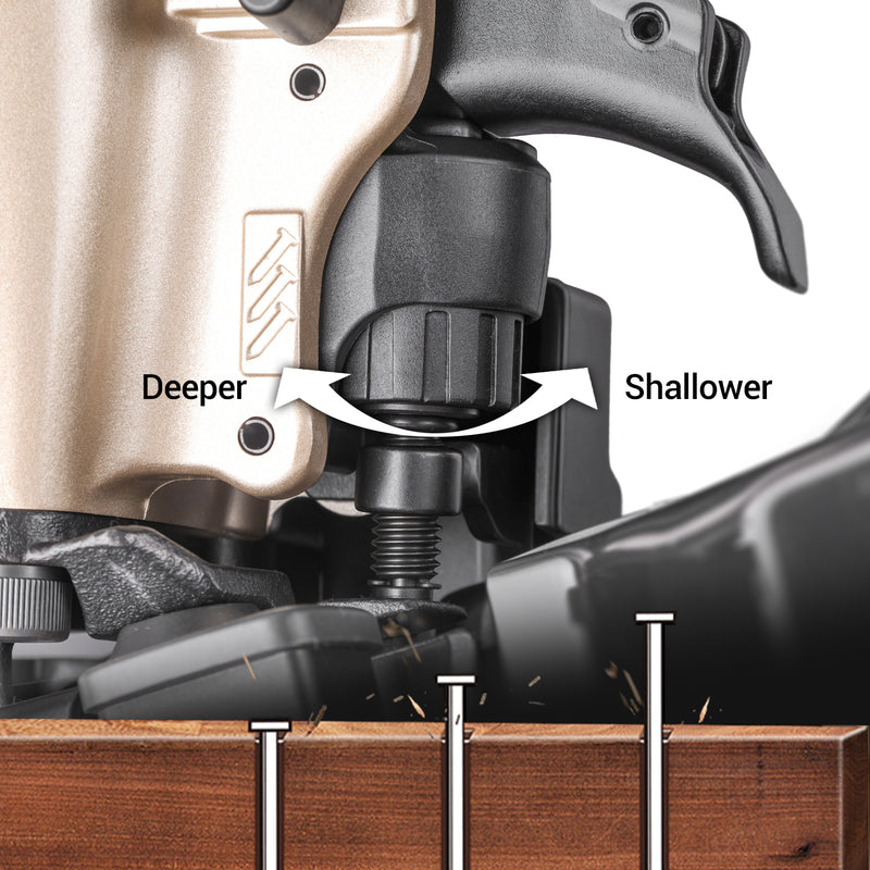 Close-up of the part to adjusting the depth of nails for meite USA CN65S 2-1/2'' Pneumatic Coil Siding Nailer