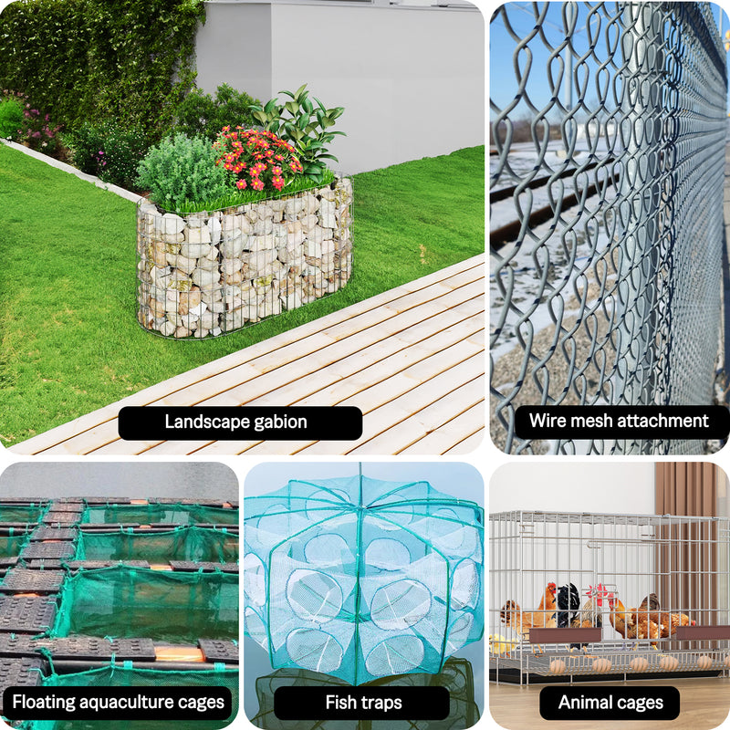 Application of meite USA 14 gauge 2-1/4" crown 304 stainless steel hog rings, like landscape gabion, wire mesh, aquaculture cages, animal cages, fish traps etc,.