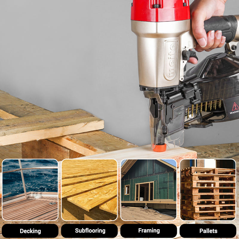 Applications of meite USA CN65S 2-1/2'' Pneumatic Coil Siding Nailer, like decking, framing, pallets, subflooring.