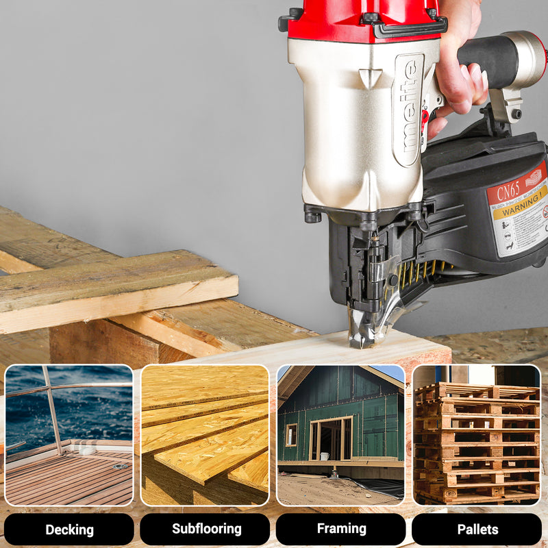 Applications of meite USA CN65 2-1/2'' Pneumatic Coil Siding Nailer, like decking, framing, pallets, subflooring.