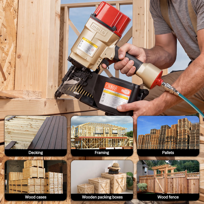 Applications of meite USA CN80B 3-1/4'' Pneumatic Coil Pallet Nailer, like decking, framing, pallets, subflooring.
