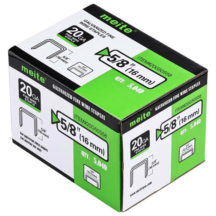 20 Gauge 50 Series 1/2" Crown 1/4" to 5/8" Length Galvanized Fine Wire Staples - MEITE USA