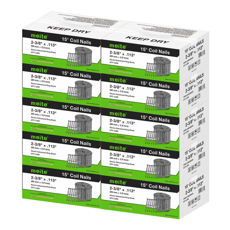 Meite USA 2 3/8 inch length ring shank coil siding nails, 10 boxes pack at 3000 pieces per box, displayed on a white background