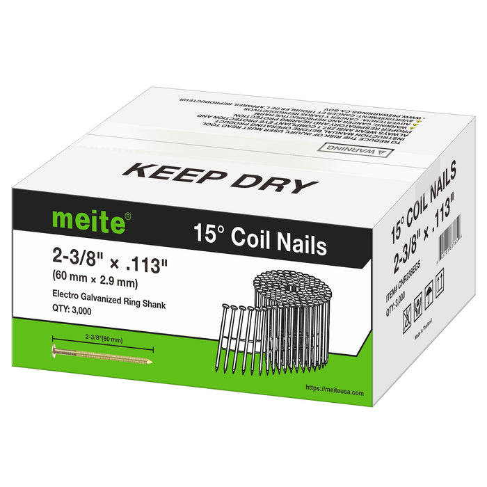 Meite USA 2 3/8 inch length ring shank coil siding nails box, 3000 piece per box displayed on a white background
