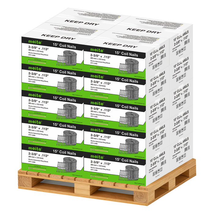 Meite USA 2 3/8 inch length ring shank coil siding nails, a full pallet with 20 boxes at 3000 pieces per box, displayed on a white background