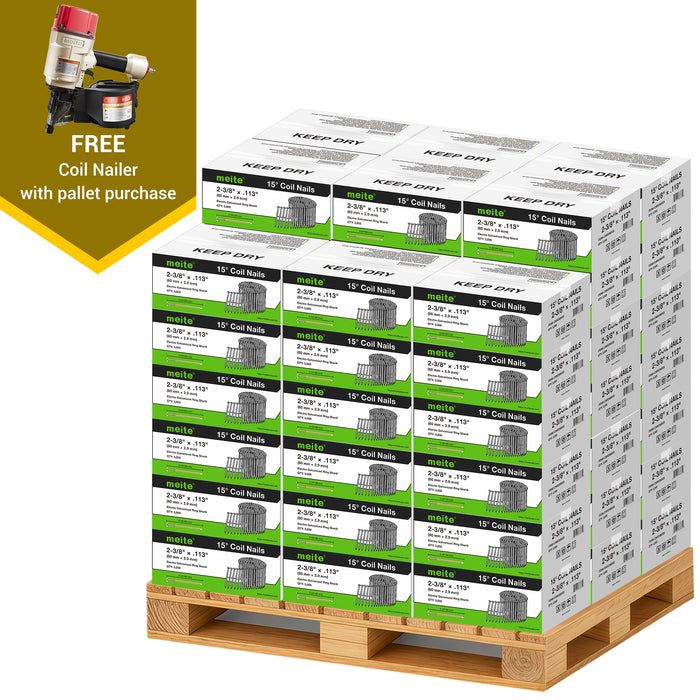 Meite USA 2 3/8 inch length ring shank coil siding nails, a full pallet with 60 boxes at 3000 pieces per box, displayed with included coil siding nailer on a white background