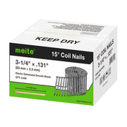 Meite USA 3 1/4 inch length smooth shank coil siding nails box displayed on a white background