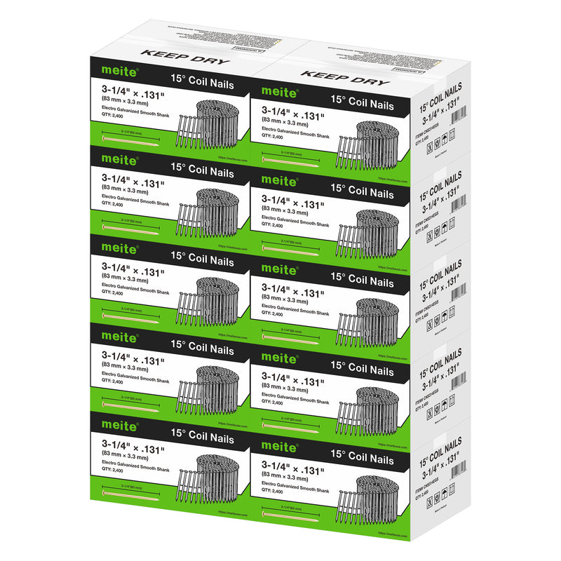 Meite USA 3 1/4 inch length smooth shank coil siding nails, 10 boxes pack at 2400 pieces per box, displayed on a white background