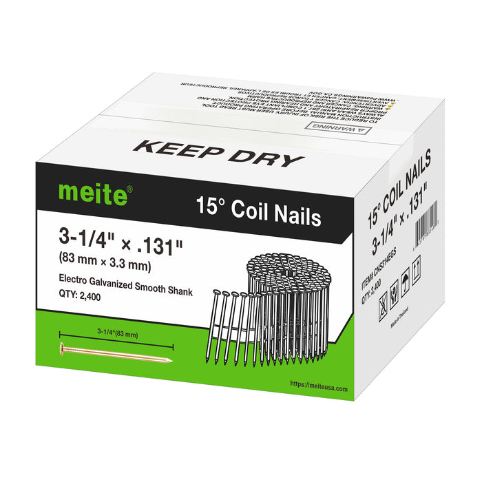 Meite USA 3 1/4 inch length smooth shank coil siding nails box displayed on a white background