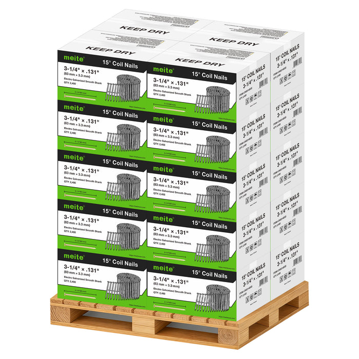 Meite USA 3 1/4 inch length ring shank coil siding nails, a full pallet with 20 boxes at 2400 pieces per box, displayed on a white background