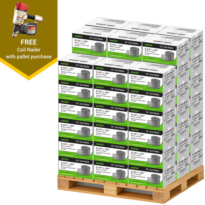 Meite USA 3 1/4 inch length ring shank coil siding nails, a full pallet with 60 boxes at 2400 pieces per box, displayed with included coil siding nailer on a white background