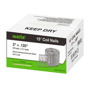 Meite USA 3 inch length smooth shank coil siding nails box displayed on a white background