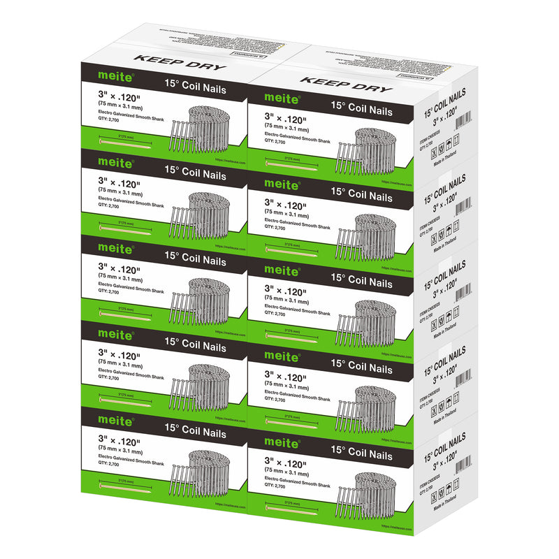 Meite USA 3 inch length smooth shank coil siding nails, 10 boxes pack at 2700 pieces per box, displayed on a white background